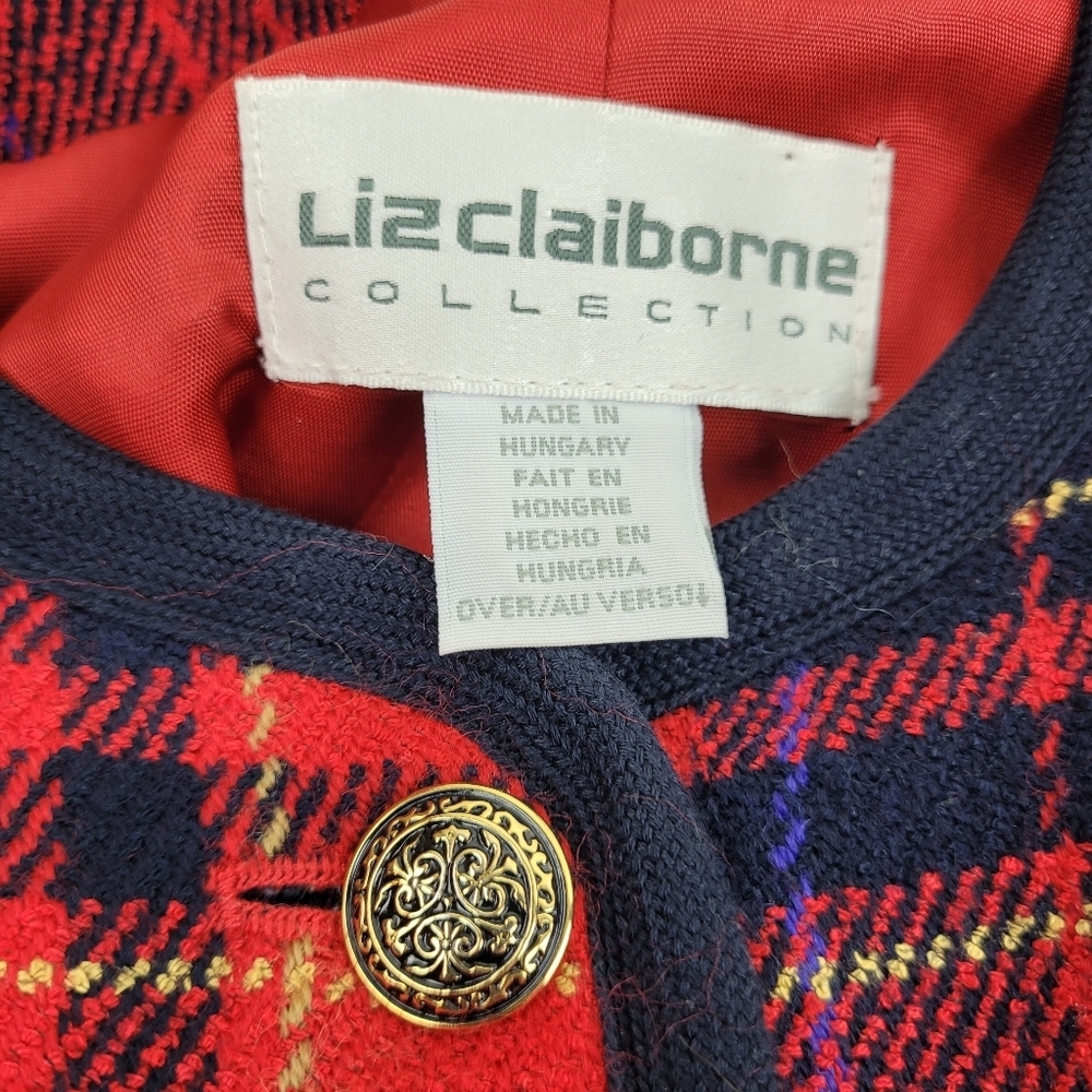 Liz Claiborne vintage wool red plaid blazer gold buttons 80's office preppy 10 - Picture 9 of 10